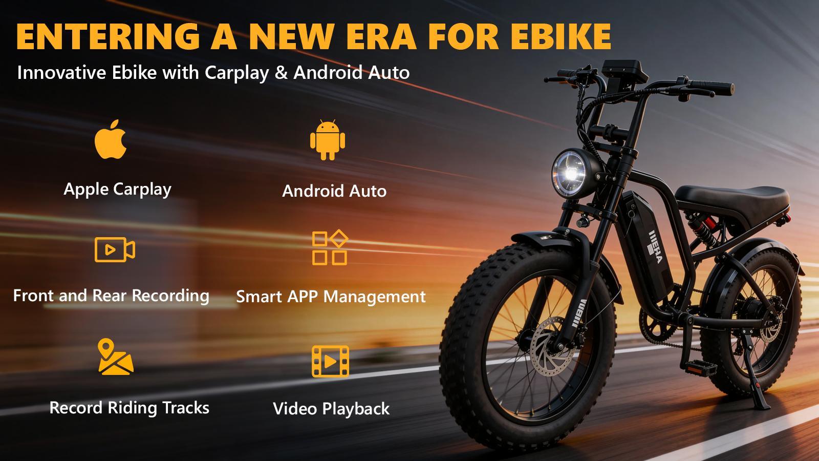 【Hieha】1500W E-Bike 2.0 :CarPlay & AndroidAuto| Dual Dash Cameras (Front & Rear)|App Control|FullSuspensionTop Speed 37MPHRange 40-70 Miles | 48V 15AhRemovableBatterylLED Headlights 20-InchAll-Terrain Fat Tires lUL2849Certified ebike|Mother's Day gift