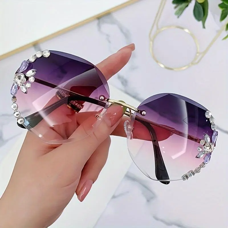 Oversized Glasses for Women, Vintage Semi-Rimless Statement Frame with Rhinestones, Prescription-Compatible Blue Light Blocking Purple-Pink Gradient Lenses, No, Stylish Accessories