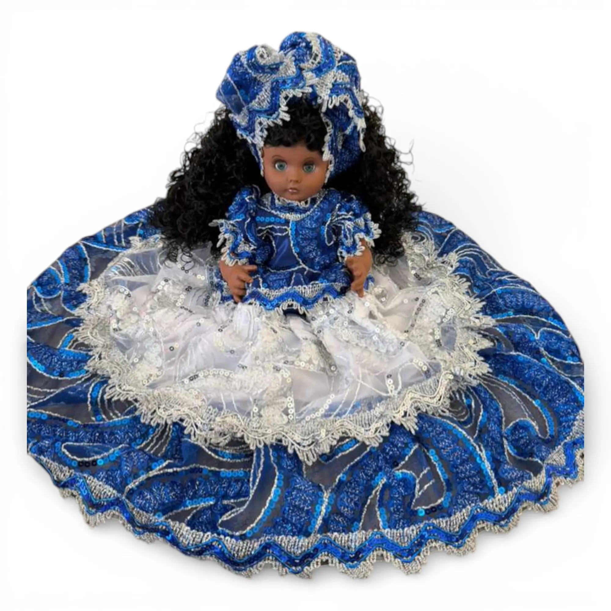 OSHA 12 in Traditional Religious Decoration, Handmade Spiritual Santeria Doll Orisha Statue - Blue & White Yoruba Muneca, African Ifa Altar Figurine, Botanica Santeria Decor