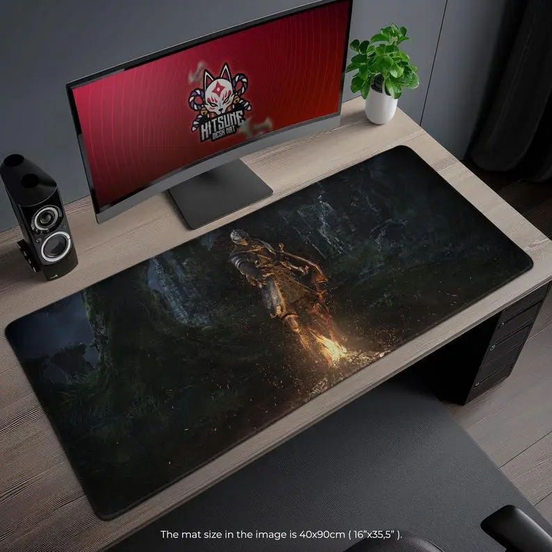 Dark Souls Desk Mat - Bonfire and Chosen Undead in the Forest, Gothic Fantasy Gaming Mouse Pad, Gift for RPG Fans