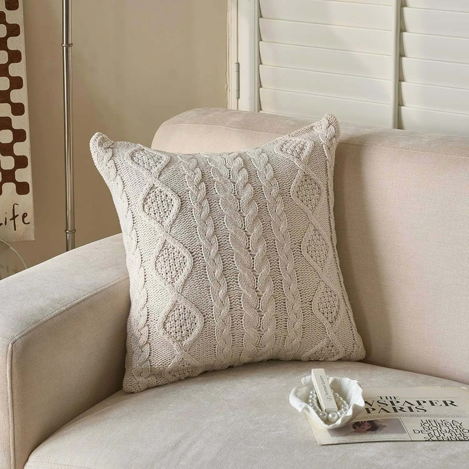 Knit Throw Pillow Cover Decorative  Braid and  Knitting Square Warm Cushion Cover (Beige, (18x18 inches(45x45cm))