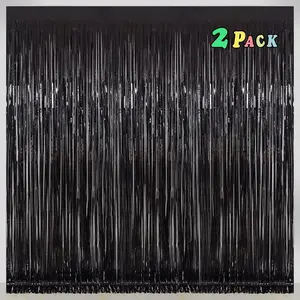Black Tinsel Fringe Backdrop Curtains for Parties, Melsan 3.2 x 8 ft Black Streamer Photo Backdrop for Birthday, Graduations, New Year Eve Party Decor - Pack of 2