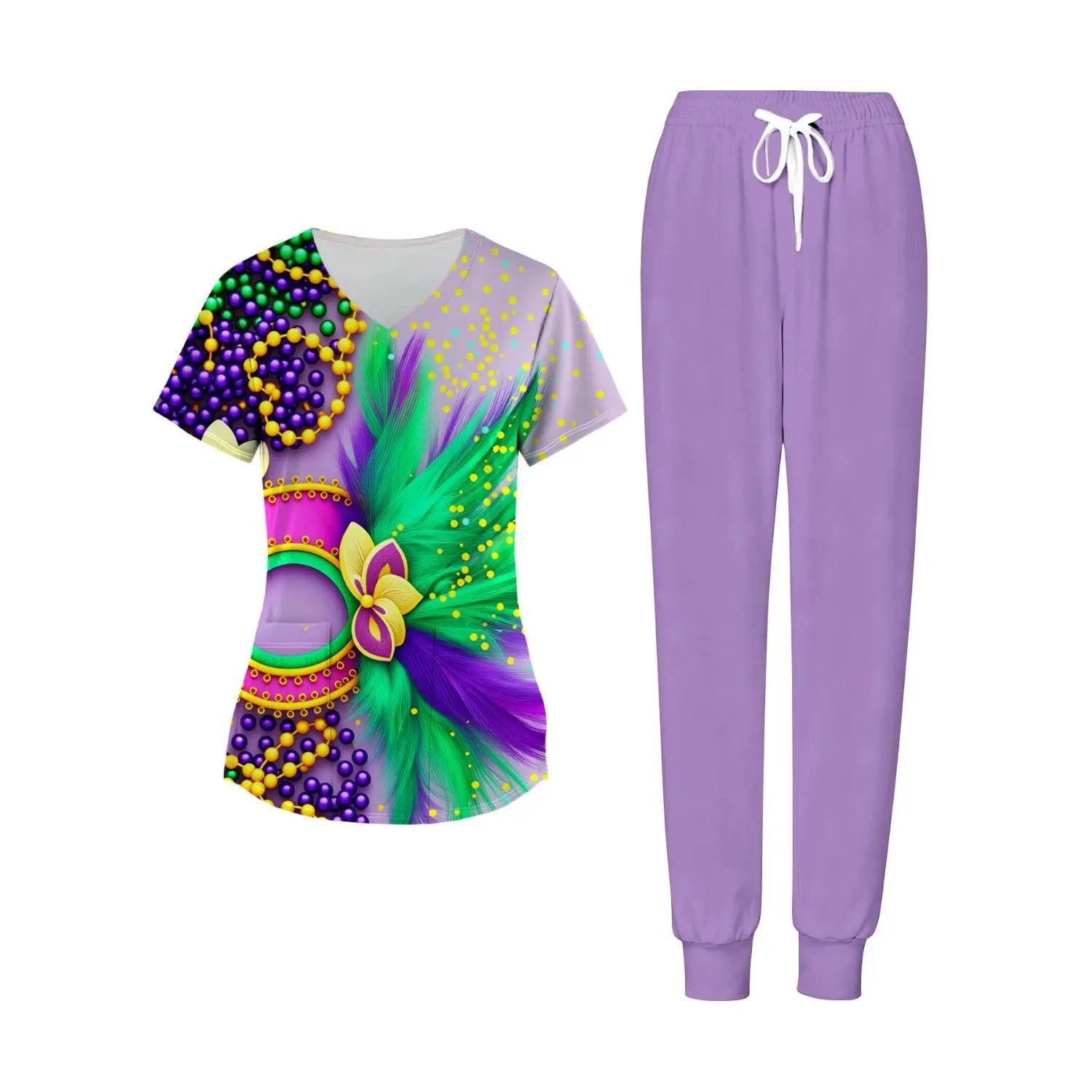 Women's Two-Piece Purple Mardi Gras Outfit with Beaded and Feather-Embellished V-Neck Top and Scrub-Style Pants