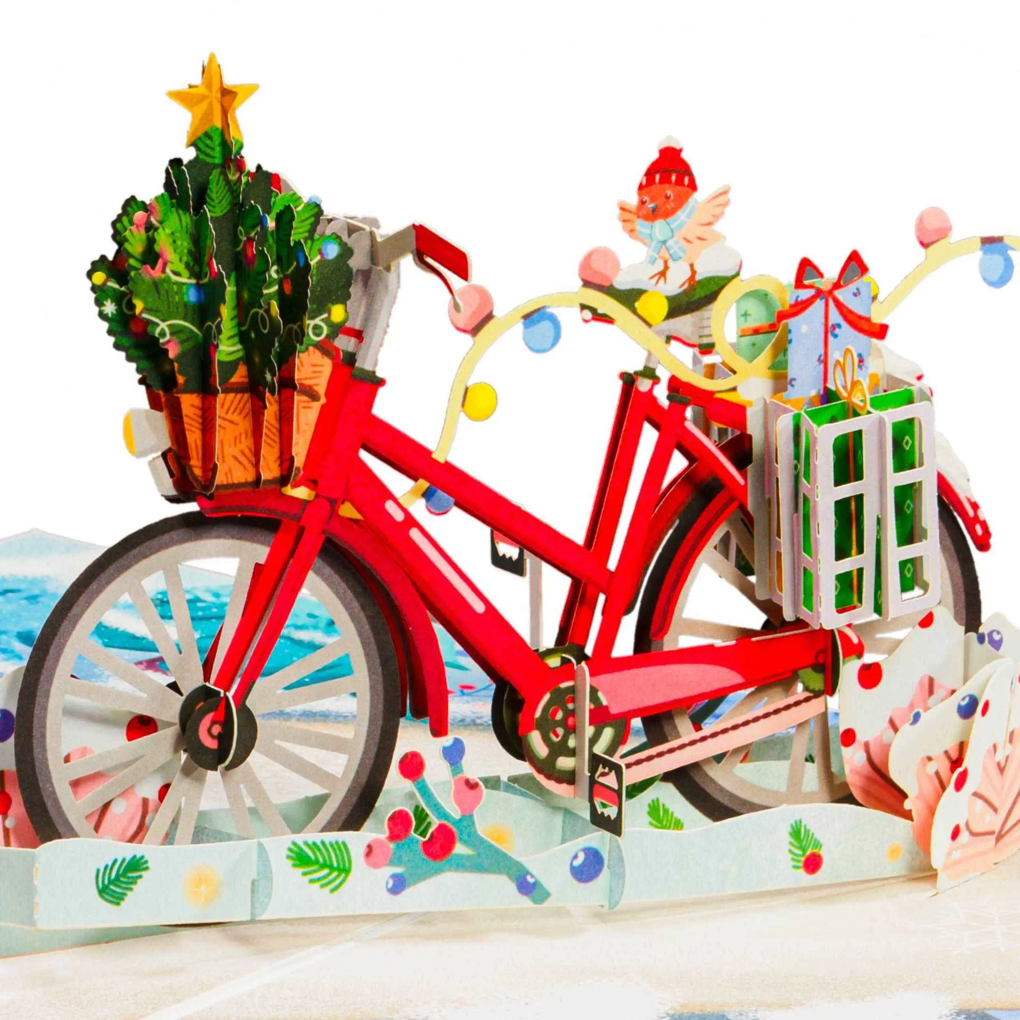 Paper Love Christmas Bike Friendly Pop Up Card 8"x6" Cover Festive 3D Bicycle Pop Up Eco Friendly Recycled Materials Handcrafted Sustainable Keepsake