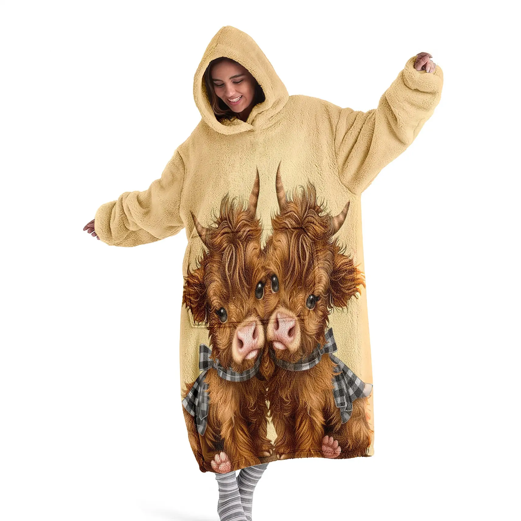 Hooded Blanket, Wearable Blanket, Cozy Hooded Blanket, Couple's Highland Cow Digital Print Flannel Blanket Soft and Warm, Ideal for Sofa Throw, Home Relaxation, Air-Conditioned, Nap, Office Bed, Camping Travel Blanket, Blanket For Couch, Blanket Gifts