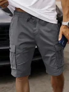 Men's Solid Color Casual Shorts, Elastic Waistband, Flip Cover Pockets Drawstring, Comfortable Summer Wear, Fashionable Men's Clothing