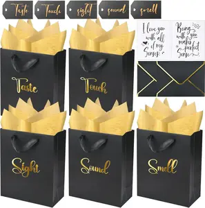 Gold Foil 5 Senses Gift Bags for Him with Labels Envelopes and Cards, Sight Smell Touch Taste Sound Gift Bags with Tissue Handle for Birthday, Anniversary, Mother's Day, Valentine's Day,10x8x4inch(Black)