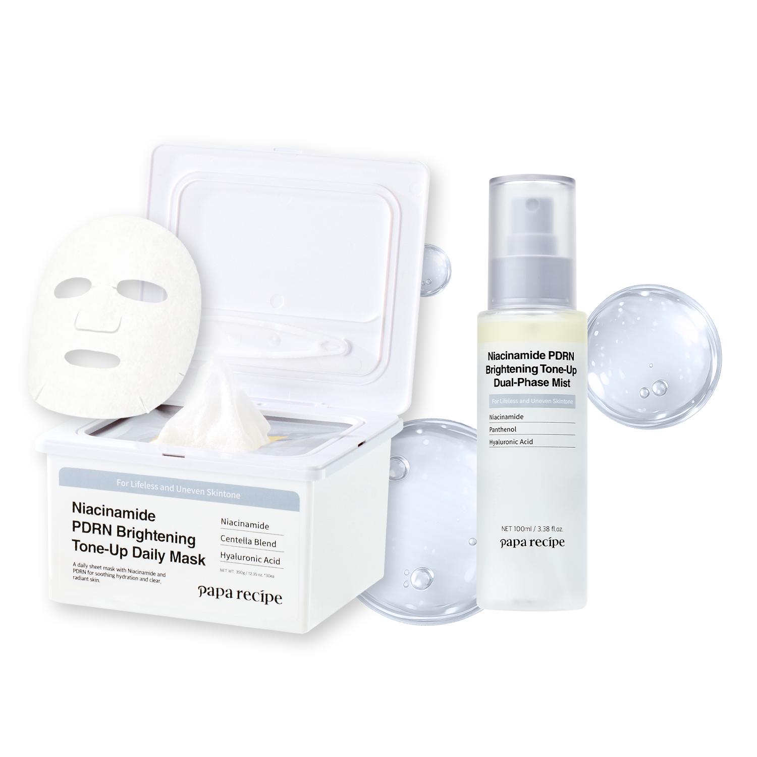 Papa Recipe Niacinamide PDRN Tone-Up Duo Set – Dual-Phase Mist & Daily Sheet Mask Bundle, Brightening & Even Tone Care, Instant Glow, Deep Hydration, Lightweight Korean Skincare