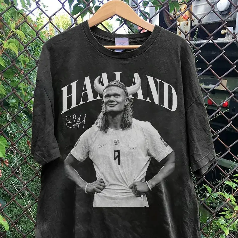 Men's Erling Haaland Viking World Soccer Cotton T-Shirt - Baggy, Loose, Round Neck, Soft Seamless Short-Sleeve Menswear Apparel with Multiple Color Options
