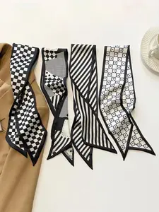 French Style Polyester Scarf Set, Checkered Scarf – Vintage Hairband & Woven Ribbon, Multifunctional Neck Scarf, Headwrap, Bag Charm & Ponytail Hair Tie for Women – Ideal Birthday, Summer Travel, Christmas Holiday Accessory Gift