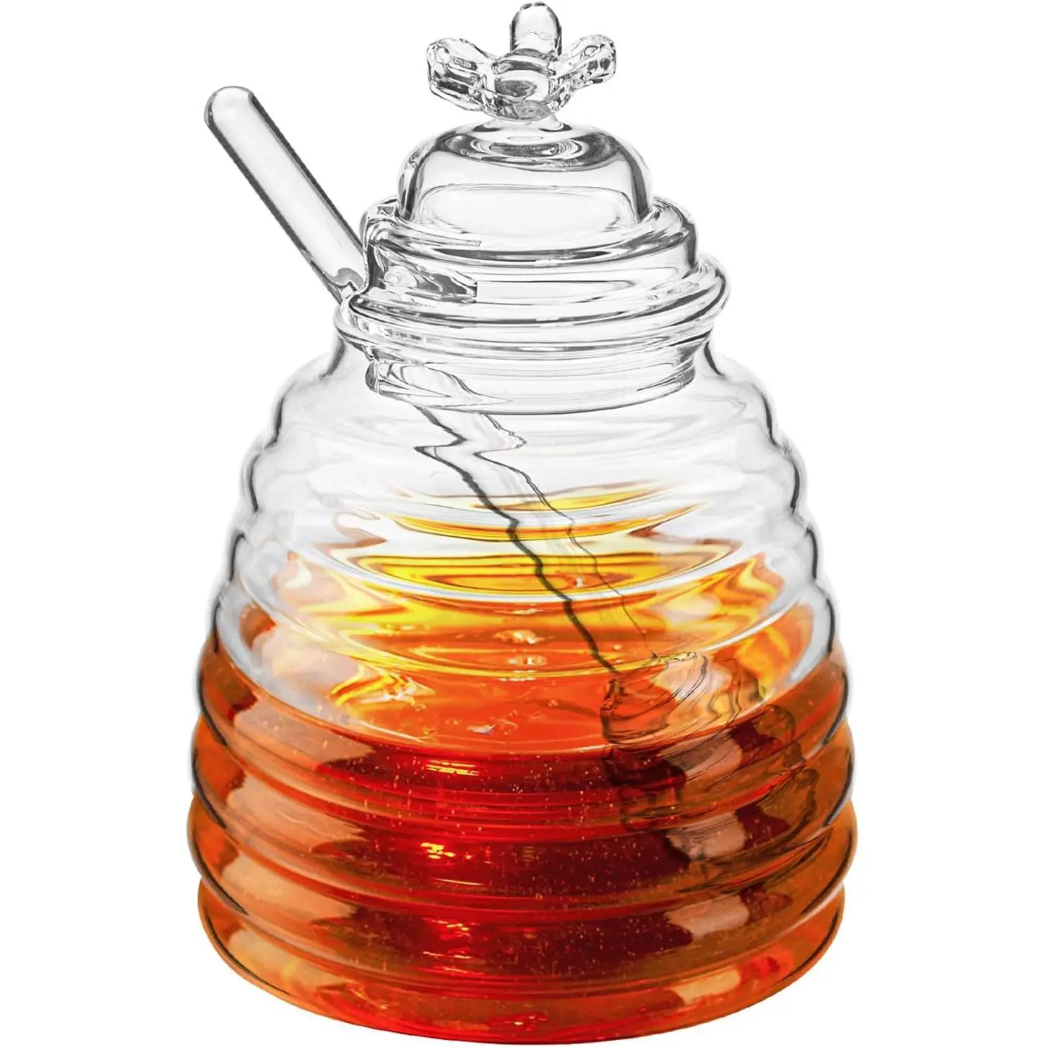 17oz Lightweight Glass Beehive Honey Pot Jar with Dipper and Lid - Kitchen Preserving Condiment Container for Home Use