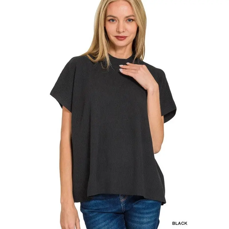 Zenana Viscose Mock Neck Short Sleeve Boxy Sweater