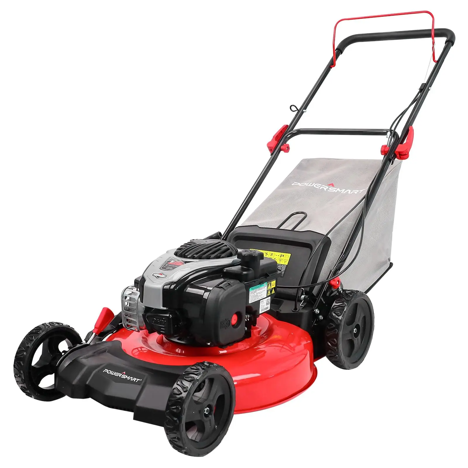 PowerSmart 21" Gas Powered Lawn Mower (B8621P) - 140cc Briggs and Stratton E550 Engine, Push Operation, Mulch, Side Discharge, Bagger, 6-Position Adjustable Cutting Height, Storage-Compatible, Lawn Mower Storage