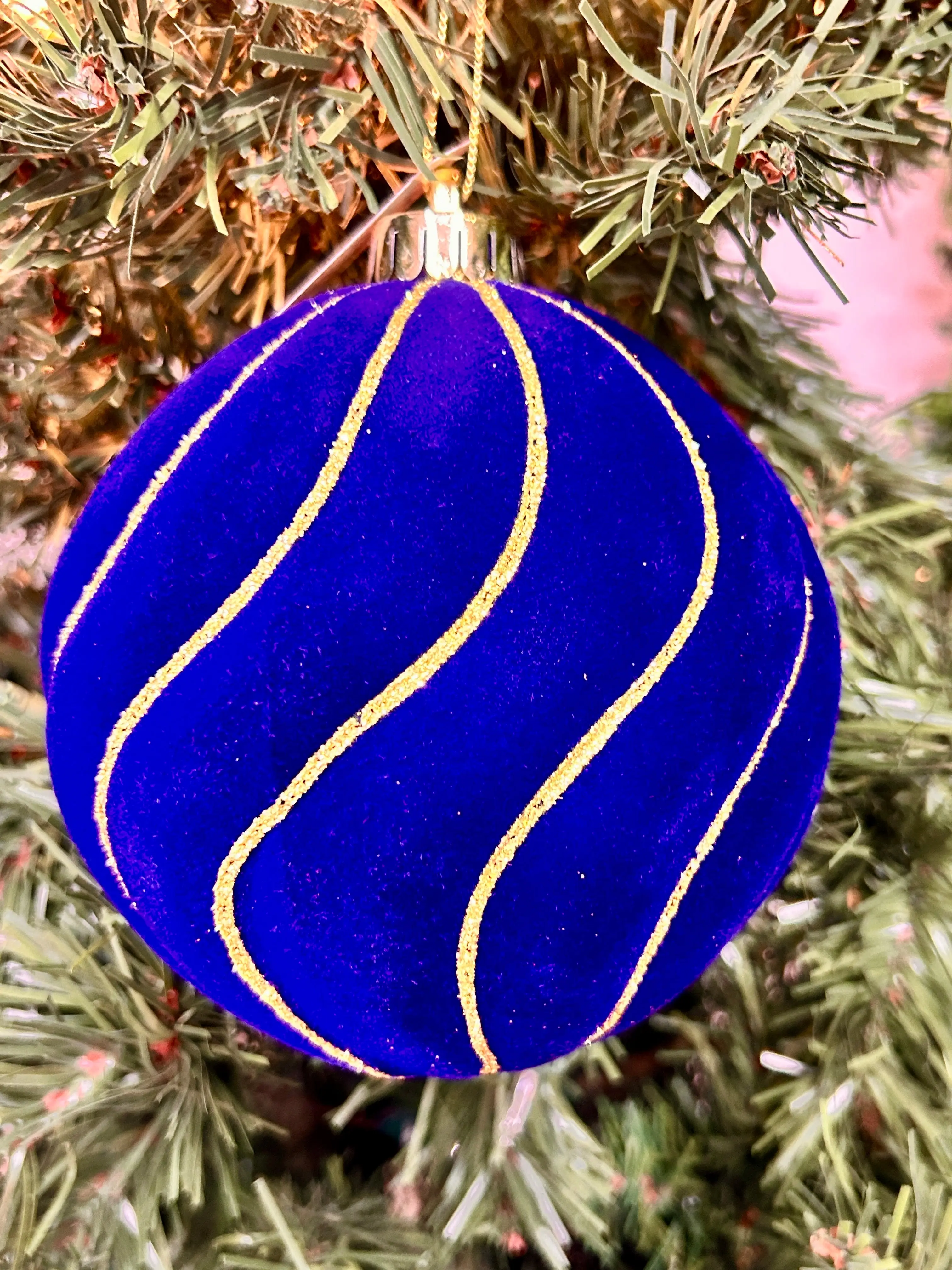 5 Inch Navy And Gold Flocked Glitter Stripe Ball Ornament