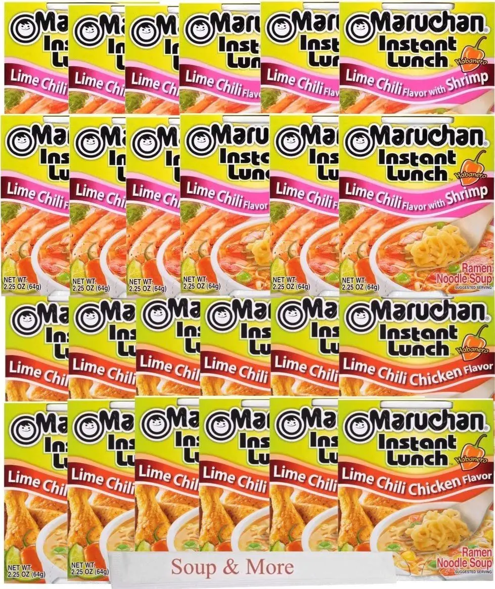 Maruchan Ramen Instant Cup Noodles 24 Count - 12 Lime Chili Chicken Flavor & 12 Lime Chili Shrimp Flavor , 2 Flavors