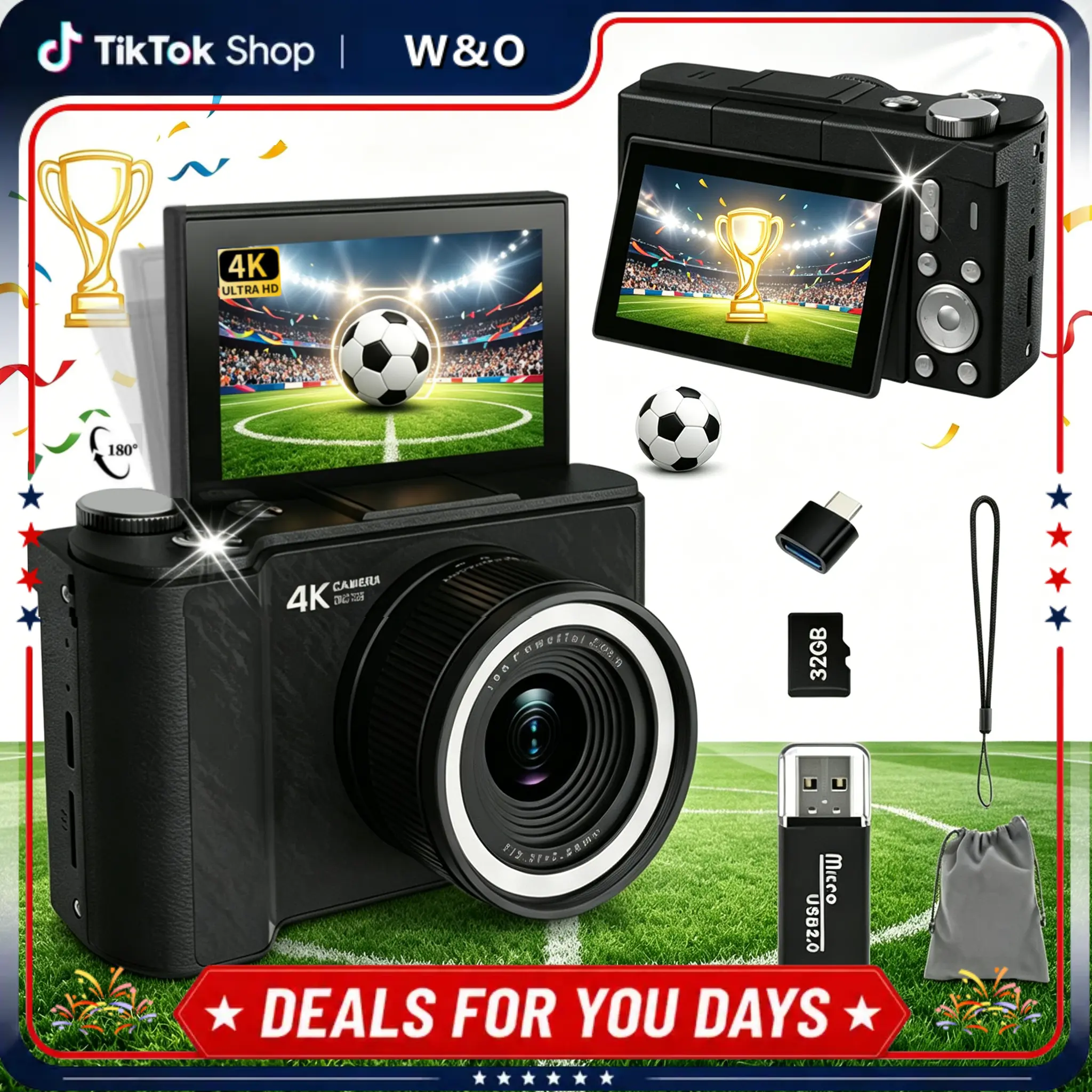 W&O Digital Camera,Portable CCD Cameras Gifts,HD Digital Video Cameras Toddler,Portable Toy 3-10 Ages Girls Boys,32GB TF Card Rechargeable Wireless