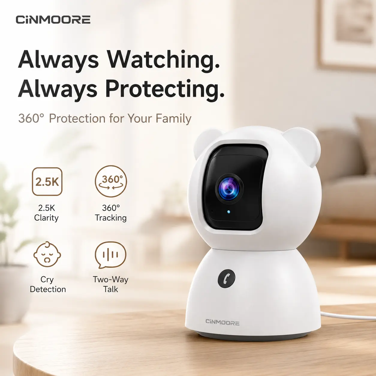 CINMOORE Indoor AI Adjustable 360° Rotatable Head Home Security Camera, 2.5K 4MP WiFi Model for Children, Pan-Tilt, Cry/Human Detection, Motion Tracking, 2-Way Audio, Night Vision, Local/Cloud Recording, Home Security System