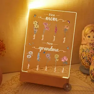 Custom Birth Flower Night Light - First Mom, Now Grandma Personalized Acrylic Name Lamp Customized Family Garden Name Sign Heartwarming Mother's Day & Grandma Birthday Gift Unique Room Decor