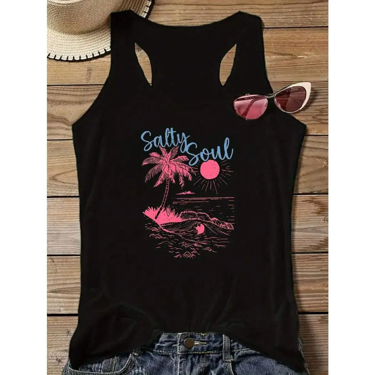 Women's Salt Soul Graphic Tank Top - Black Sleeveless Knit Polyester Vest, Fashion Basic Printed Palm Tree & Sunset Design, Lightweight Breathable for Spring Summer Day, Casual Beach Attire