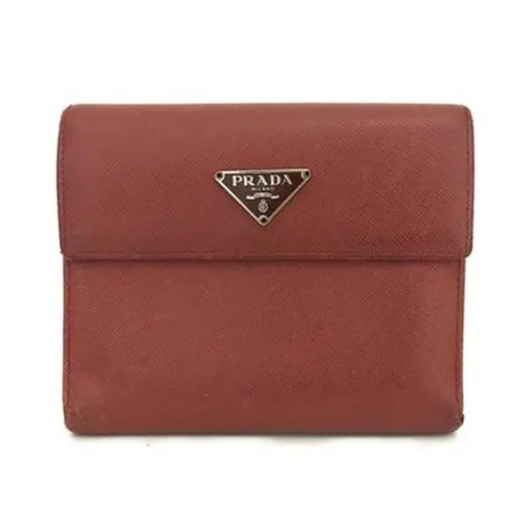 Pre-owned PRADA Other Other Logo Plate Saffiano Leather Trifold Wallet Red 11791377126/166181