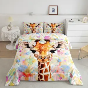 Feelyou Twin Size Microfiber Bedding Set - Cute Kawaii Giraffe Digital Print Multi-Color Bubble Duvet Set, Soft Breathable Bedding with Printed Blanket