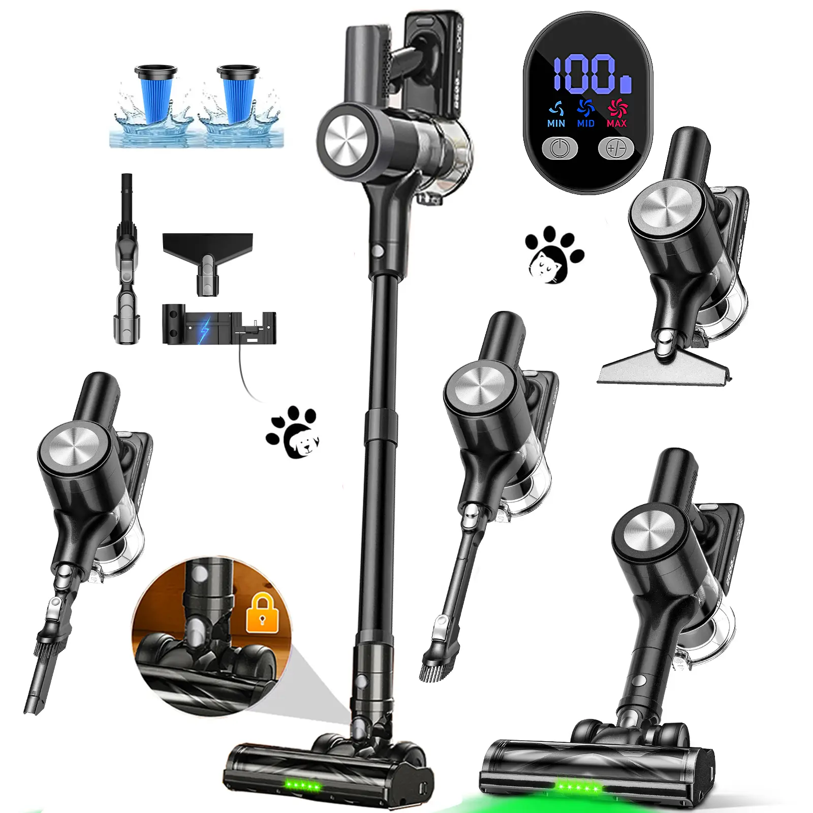 Cordless Vacuum Cleaner, 500W 46KPa Powerful Suction, 55-Min Runtime, Self-Standing, Wall Mount Charging, Stick Vacuum for Floor Carpet Pet Hair