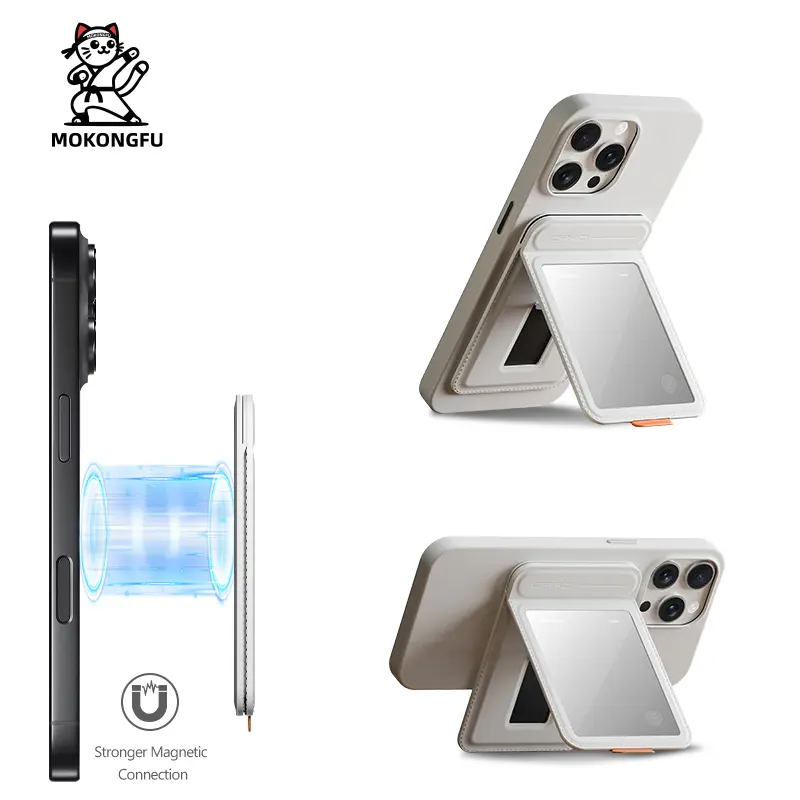 Mokongfu MagSafe Magnetic Card Wallet - PU Leather, Ultra-Slim 0.27 in Keeps Phone Sleek, Mirror+Stand, Strong Magnet, Foldable, Fits 2-3 Cards, Manufacturer Warranty, Compatible with iPhone 17/16, Samsung Phones, Travel Light, Ideal for Outdoor Carry