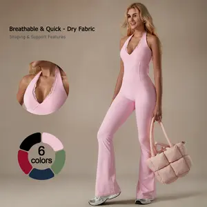 TimeOFF Backless Halter Jumpsuit , Soft Stretch Fabric, Moisture-Wicking , Yoga, Gym & Active Lifestyle , Women's Versatile Activewear Fitness Outfit Workout Apparel,jumpsuit women