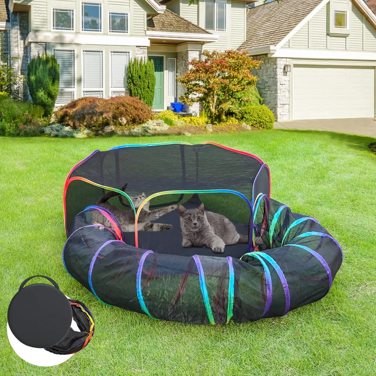Portable Rainbow Catio Playground for Cats & Small Animals Foldable Cat Playpen with Tunnel & Tent Stakes Indoor Outdoor Pet Enclosure with Storage Bag
