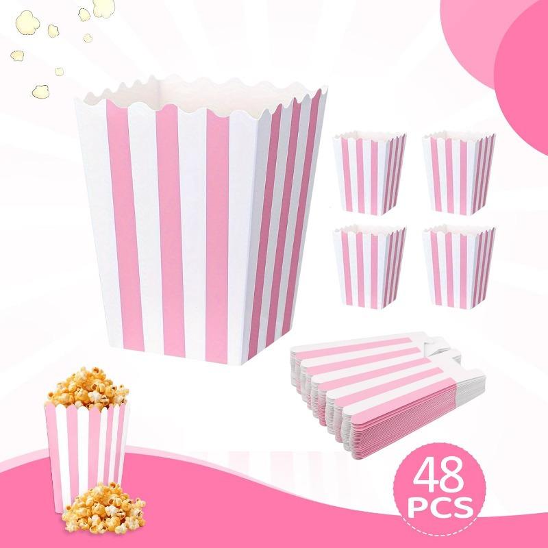 Pink and White Striped 48pcs Paper Popcorn Boxes - Pastel Candy Cardboard Buckets for Theater Carnival Birthday Party Favor Bags Disposable Traditional