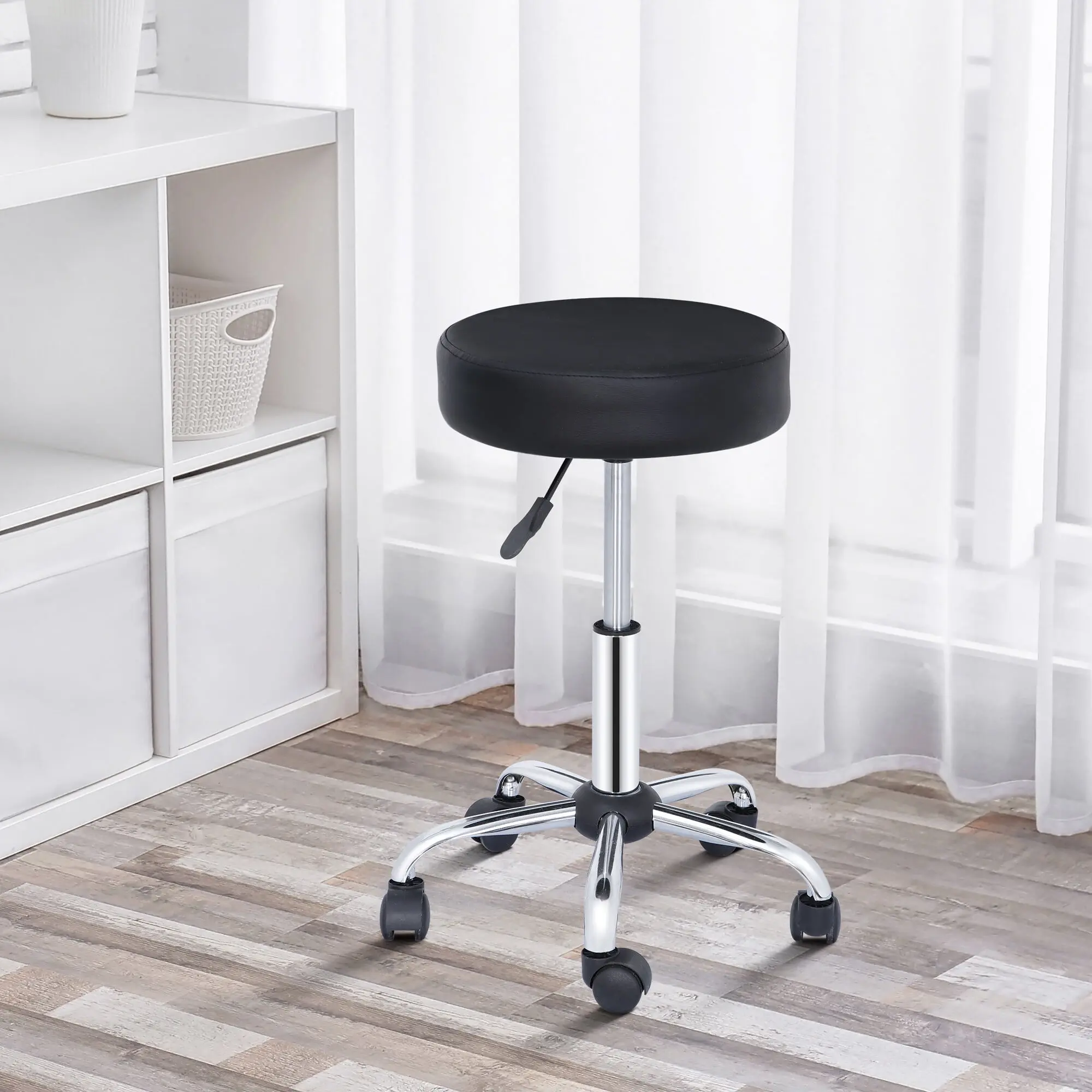SuperDeal PU Leather Upholstered Pneumatic Salon Stool - Height-Adjustable Swivel Seat, Hydraulic Rolling Wheels, Nylon Base, Portable for Tattoo, Massage (Black), Pneumatic Stool, Upholstered Stool