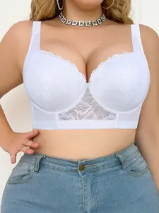 1/2PCS Women's Plus Size Lace Push-Up Bra, Underwire Lift Anti‑sagging Comfortable Bra Wide Underband Side & Tummy Smoothing Slimming Wide Straps Adjustabl  Daily Wear Everyday