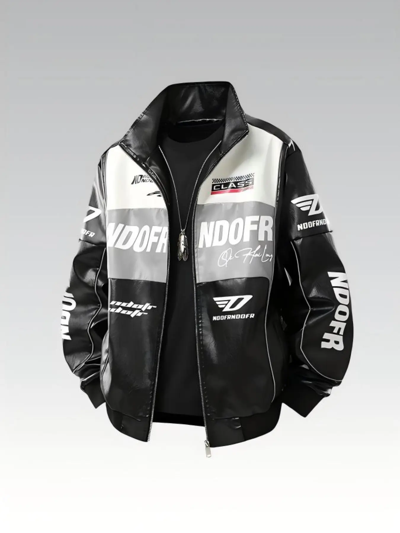 Men's New Fashionable Sporty Classic Biker Style Motorcycle Racing Jacket, Spring & Fall Thin Inner Lined Stand Collar Patchwork Printed Loose Fit Long Sleeve Outerwear