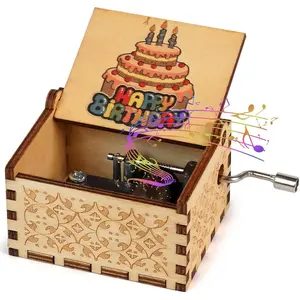 Music Box Happy Birthday - Hand Crank Engraved Vintage Wooden Musical Boxes Gifts for Birthday.Musical Box Birthday Gifts for Daughter Son Mom Dad Friends(Happy Birthday 02)