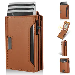 Mens Leather Wallet Card Holder: Pop Up Aluminum Case, Smart, RFID Blocking, Slim, Minimalist - 7-12 Card Capacity | ID Window | Cash Slot Cardholder Mens Gifts