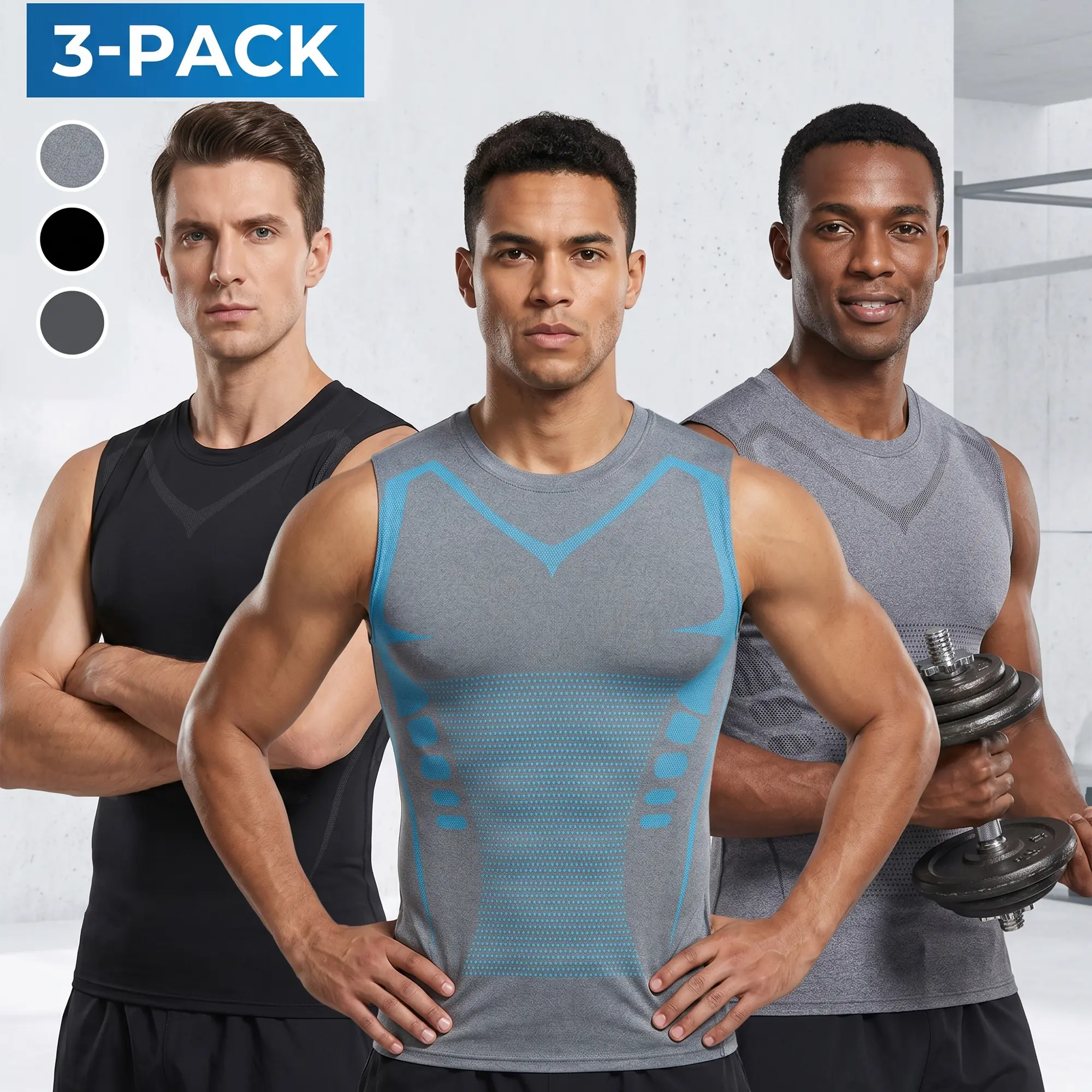Men's Compression Tank Top 3-Pack: 3D-cut printed workout tank tops, slim-fit, sleeveless base layer, moisture-wicking fitness training tops