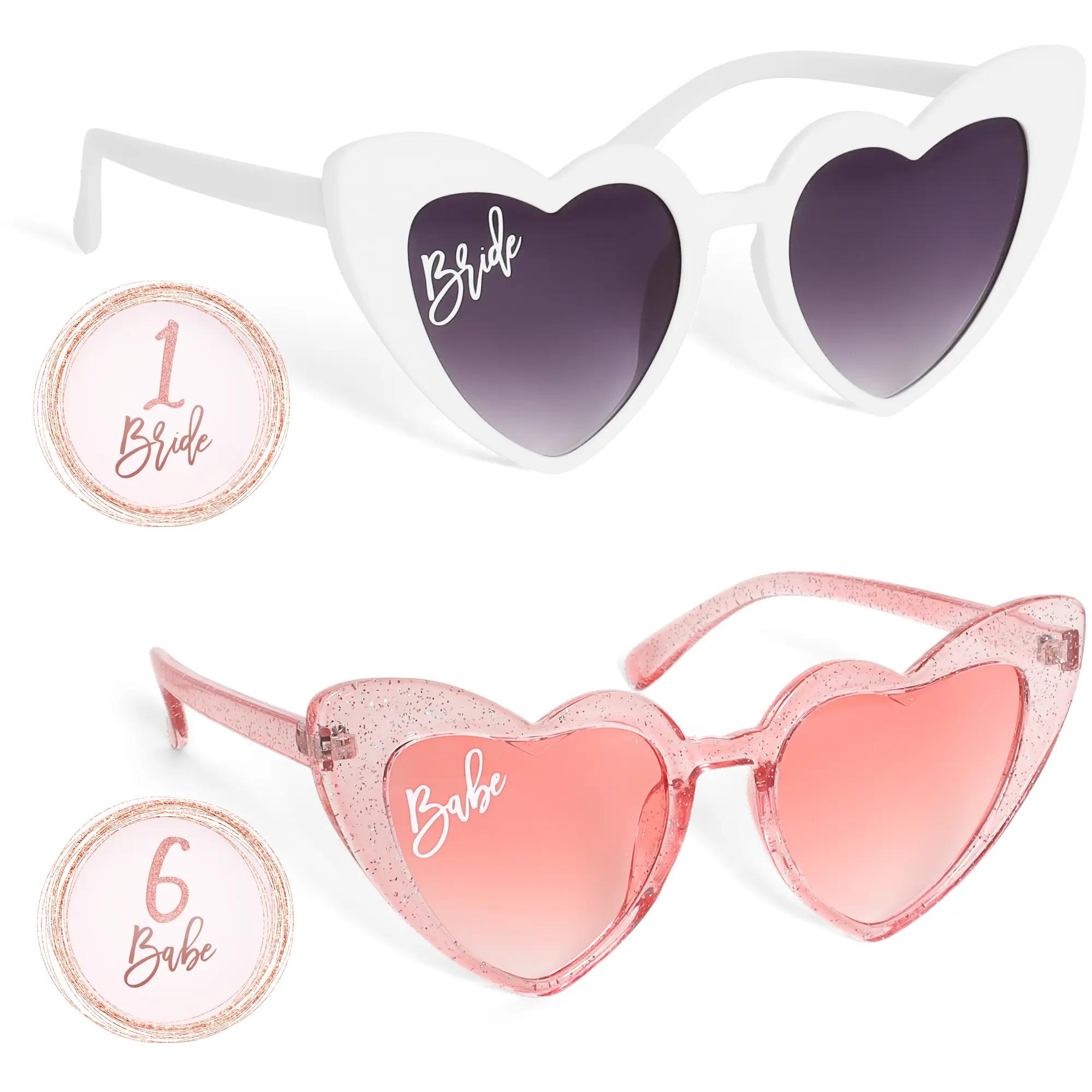 Effortless Events Bachelorette Sunglasses, Bridesmaid Sunglasses, Heart White & Pink Bride Sunglasses for Bachelorette Party 1 White + 6 Light Pink Glitter