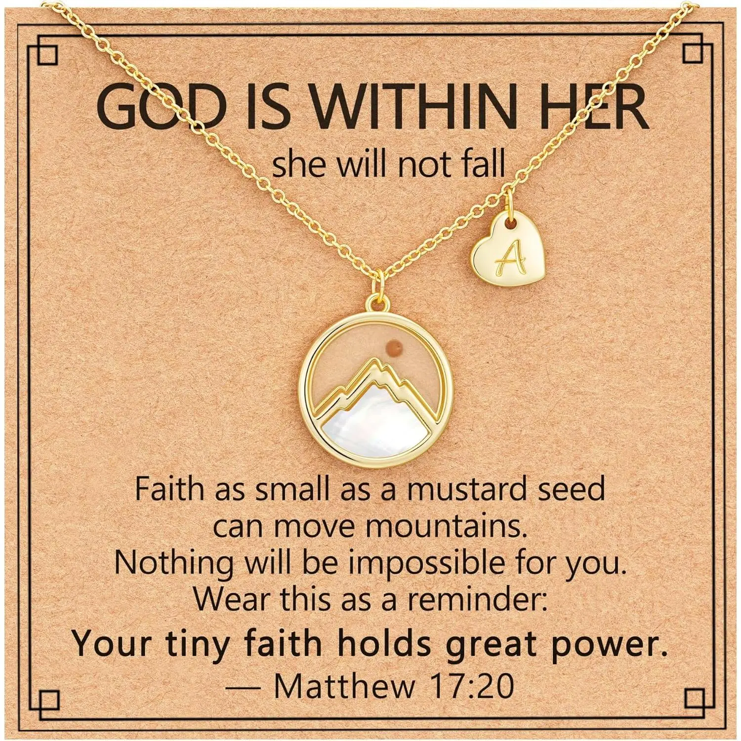 Mustard Seed Initial A-Z Necklace, Graduation Gifts 14K Gold Plated Moving Mountains Faith Confirmation First Communion Baptism Christian Religious Gifts 17+3 Inches