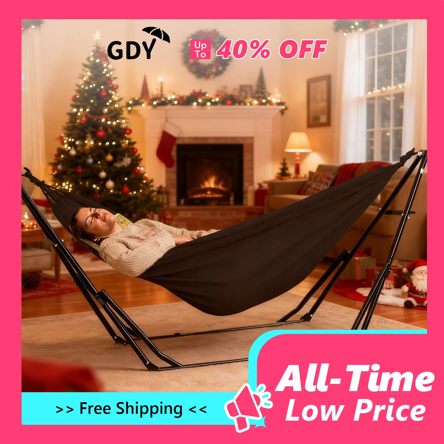 【Pre-order】2-1 Hammock Camping Hammock Chair with Stand, Christmas present, Gift, Black Max 350 lbs Capacity for Hammock Camping Outdoor Double Fabric, Modern Aesthetic Design Minimal Portable Compact Easy Setup