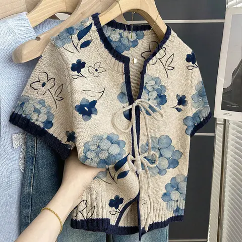 Boho Style Loose Round Neck Knit Top, Floral Print Short Sleeve, Women's Summer Casual Wear, Front Tie Design, Contrast Binding, Womenswear, Casual Boho Soft, Loose Fit Top