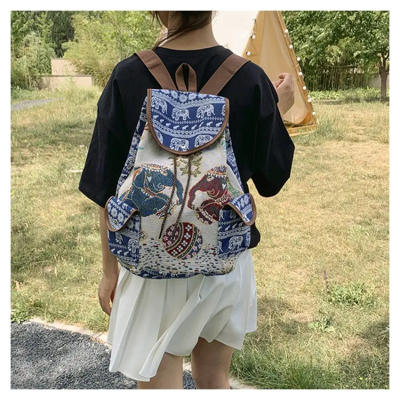Embroidered backpack, Student backpack, Daily backpack, elephant embroidered printed women's linen backpack, ethnic jacquard embroidered leisure backpack, large-capacity backpack, multi-purpose backpack, Multifunction backpack, suitable for gifts