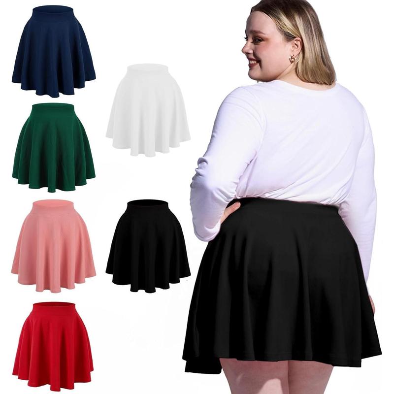 Women's Plus Size Mini Skater Skirt- Basic Versatile High Waisted Flared Casual Stretchy Skirts