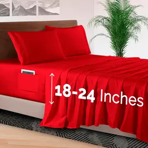 4-Piece Bed Sheet Set - Luxury Bedding 1500 Hotel Quality Microfiber, All Around Elastic 18-24 Inches Deep Fitted Sheet- Deep Sheets, Queen, Red