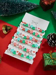 6pcs Cute Soft Clay Reindeer Santa Beaded Bracelets, Christmas Handmade Jewelry Set, Holiday Gift, Random Patterns