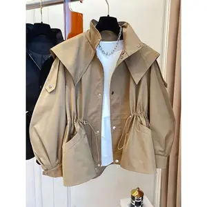 1 Pc Solid Color Woven Fabric Drawstring Pockets Front Button Trench Coat, Casual Spring/Autumn