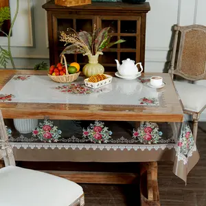 Artbloss Clear Table Protector Cover Vinyl Rectangle PVC Tablecloth with Rose Pattern Waterproof Oil Proof Wipeable Plastic Tablecloths for Home Kitchen Dining Table