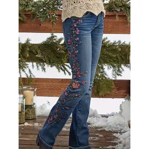 Women's Floral Embroidered Flare Jeans - Retro Style, Vintage Blue Denim, Casual Chic Pants With Elegant Embellishments - For Women - Suitable for Casual Outings, Parties & Everyday Wear - Perfect Gift for Fashionable Women