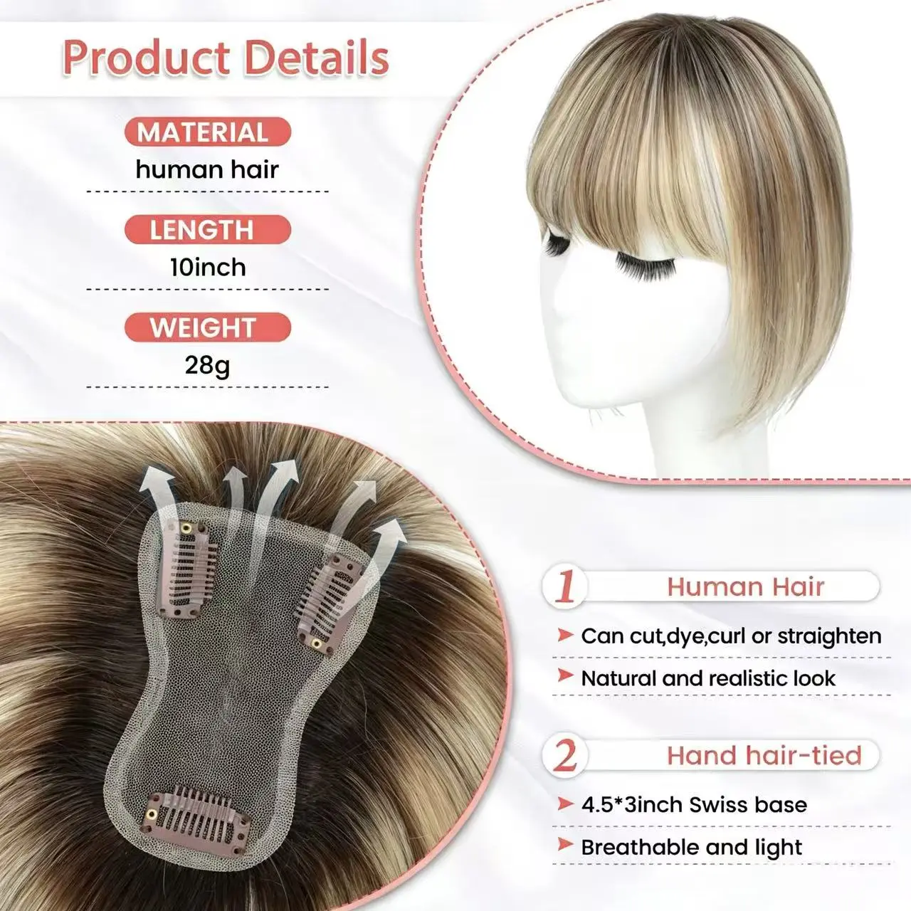 10inch Hair Toppers for Women Real Human Hair Toppers for Women with Thinning Hair Topper with Bangs Hair Toppers for Women Hair Pieces for Women(Top hair topper)