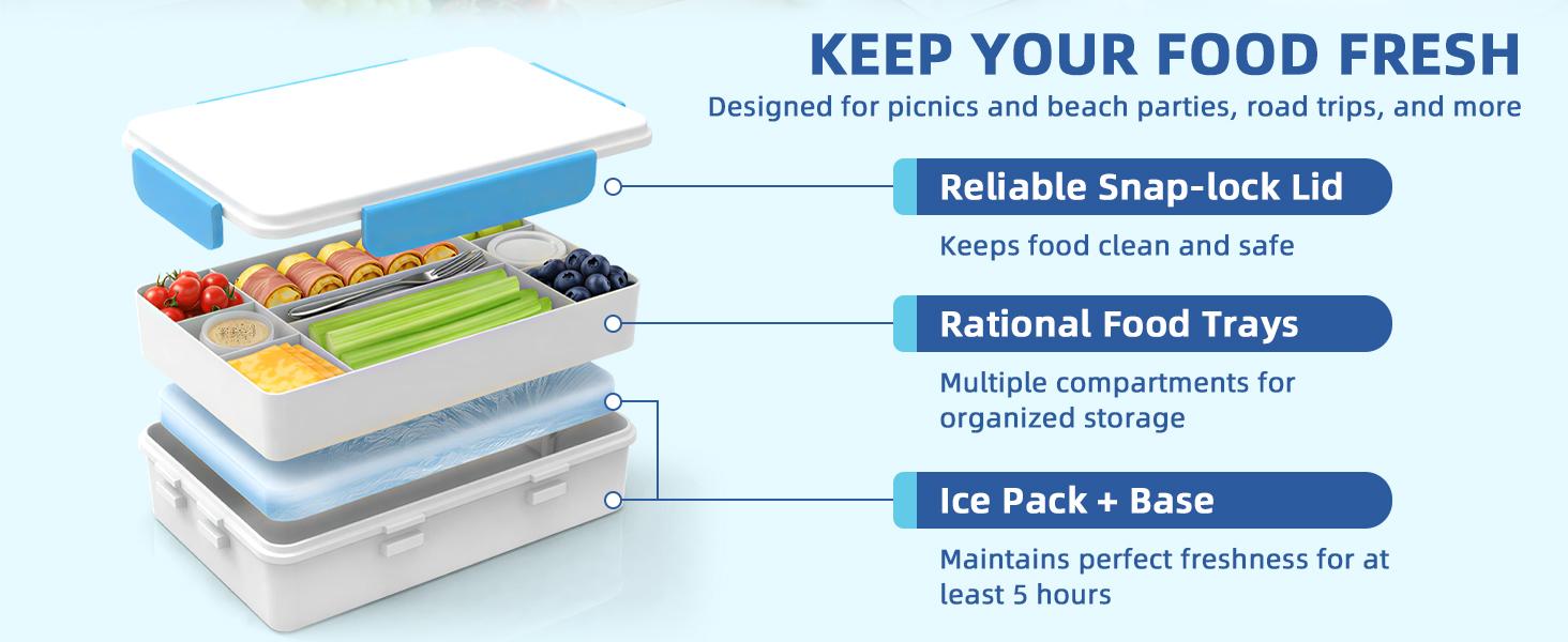 Chilled Snack Box Container with Ice Pack, Portable Travel Food Containers with Lids, Keep Cheese and Fruits Remained Fresh for Hours, Divided Serving Tray for Family Road Trip Beach Picnic