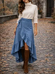 Elegant Women's Spring Summer Skirt, Solid Color Ruffle Hem, Asymmetrical Design, One-Piece Tie Waist, Chic and Stylish